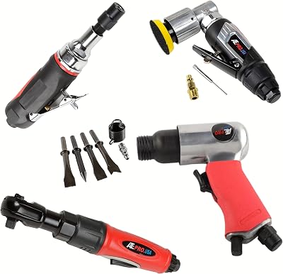 ATE Pro. USA - Air Tool Set, Air Twin Ratchet Wrench 38 Pro, Air Hammer wChisel, 14 Mini Extended Air Die Grinder 1 Shaft, 2 Air Angle Sander wHook and Loop Fastener Backing Pad