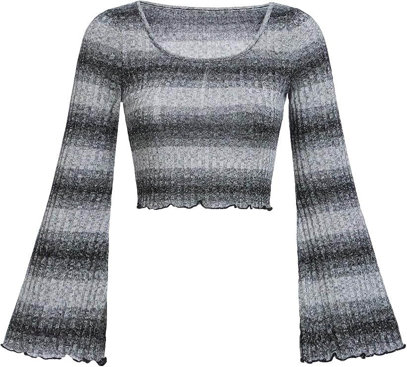 OYOANGLE Girl's Striped Print Long Flare Sleeve Scoop Neck Lettuce Trim Ribbed Knit Crop Tee Tops