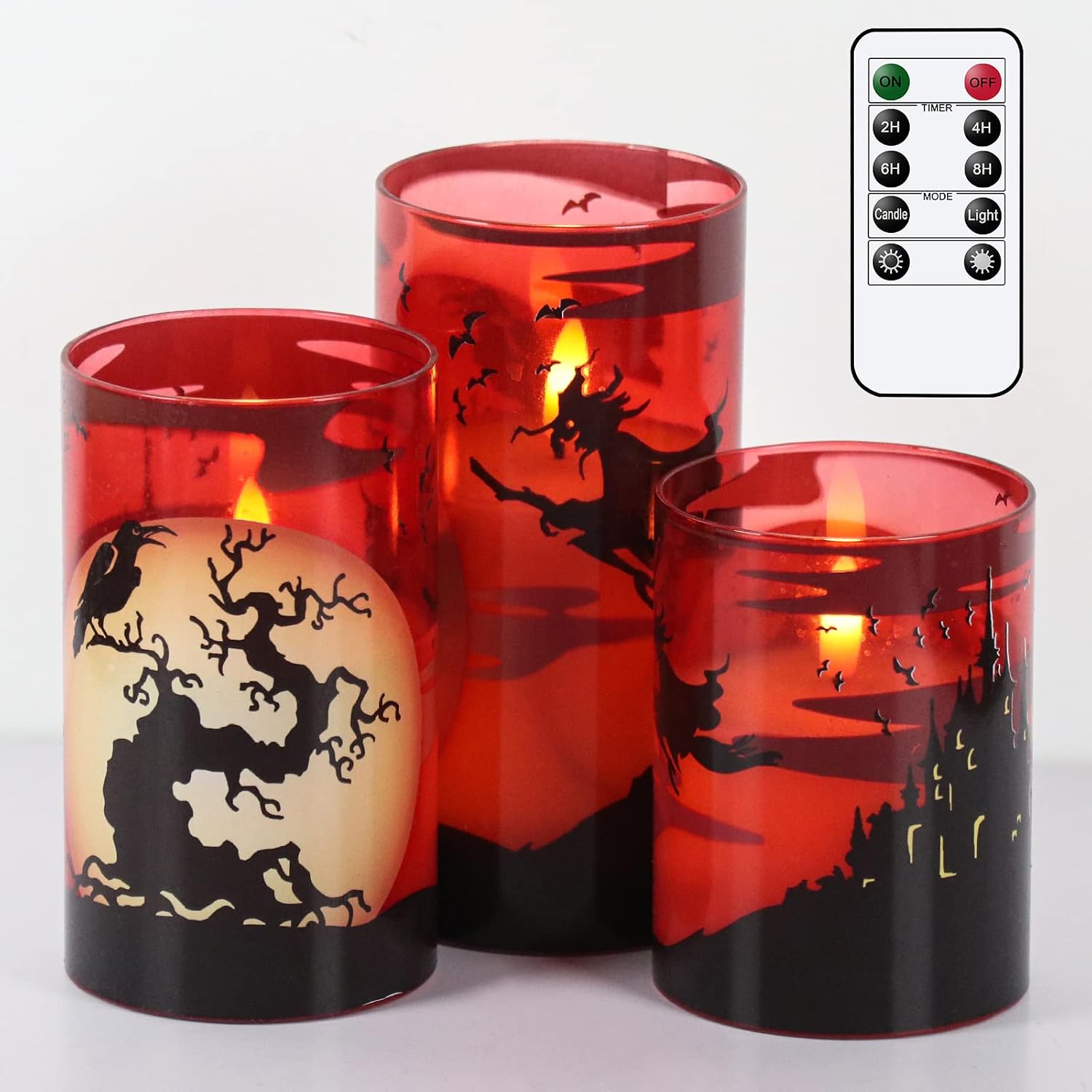 DRomance Witch Glass Flameless Candles with Remote and Timer, Battery Operated Realistic 3D Wick Flickering Real Wax LED Candles Halloween Window Table Holiday Dinner Decor Gifts3 x 4,5,6 Inches