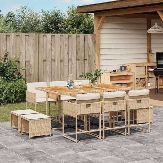 11 Piece Outdoor Dining Set with Cushions, Beige Poly Rattan Patio Furniture Set for Garden Backyard, Foldable Chairs, Weather-Resistant PE Wicker, Acacia Wood Table, Includes 6 Chairs & 4 Stools