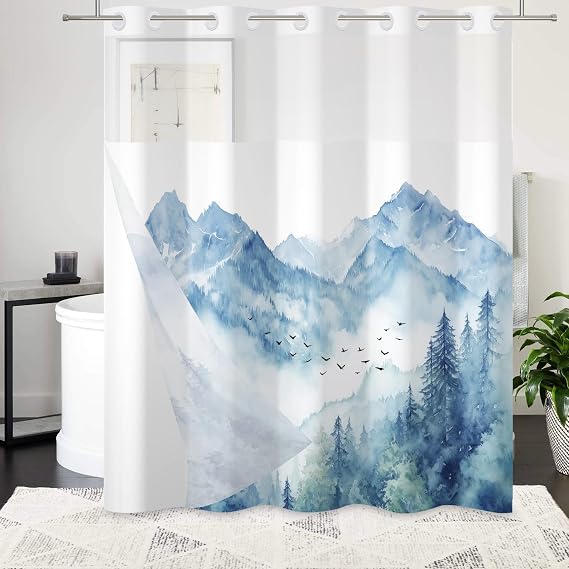 AWERT Forest Blue No Hook Shower Curtain with Snap in Liner Misty Mountain Double Layer Shower Curtain for Bathroom Fabric Waterproof Liner 71 Wx74L
