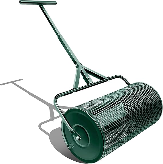 Lawn & Spreaders-24 inch Heavy Duty Metal Mesh Roller Push/Tow Spreader - Compost, Peat Moss, Top Soil, Mulch- & Lawn Care - Walk and Push Basket Sifter for Yard (T-L-Green)