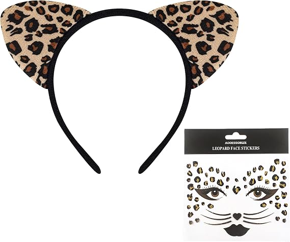 Leopard Cheetah Ears Headband with Tattoos for Women Leopard Cat Ears Headpiece with Face Stickers Cosplay Supply