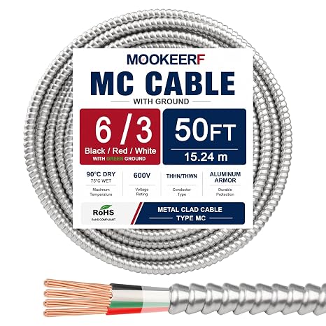 MOOKEERF 6/3 MC Cable with Ground - 50FT Pure Copper 6AWG/3 Metal Clad Wire with Aluminum Armor 6 Gauge 3 Conductor Type MC Alum Cable