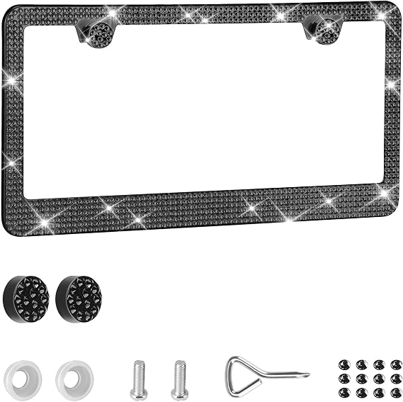 JAGASOL Bling License Plate Frame, Premium Stainless Steel Rhinestone License Plate Frames for Men and Women, Sparkly Plate Crystal Caps, Black