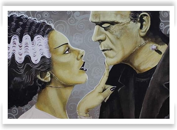 Flirtationship by Mike Bell Frankenstein & Bride of Frankenstein Monster Love Wall Art Print, Unframed Semi-Gloss Paper, Monster Art, Horror Art, Made in the USA, 12x18 Inches