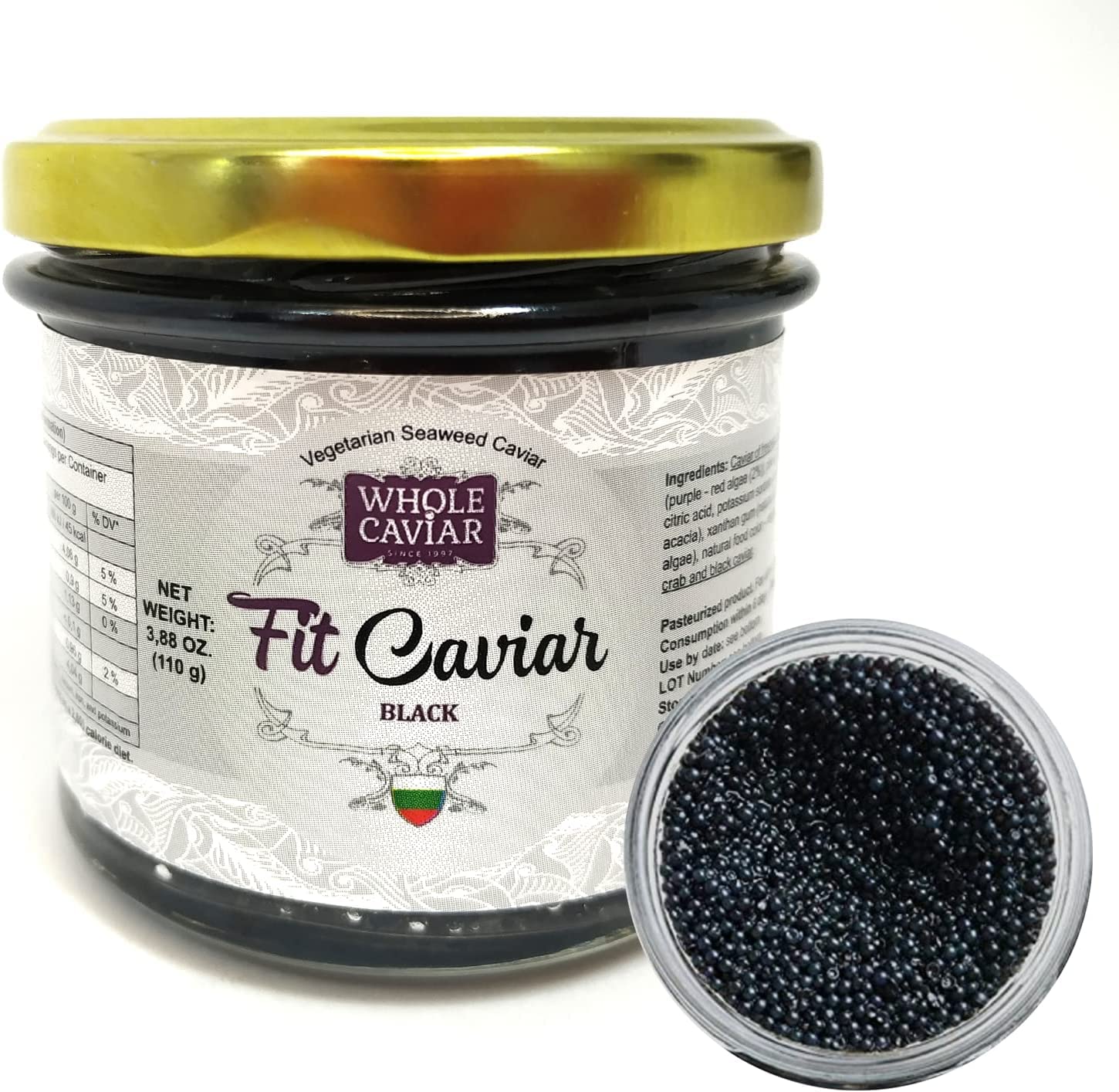 Black Caviar - Vegetarian Seaweed Caviar from Salmon Roe for Pescetarians - Kelp &amp;amp; Seaweed Caviar - Best Caviar for Sushi - Russian Style - Fit Caviar - 110 gr - Glass Jar