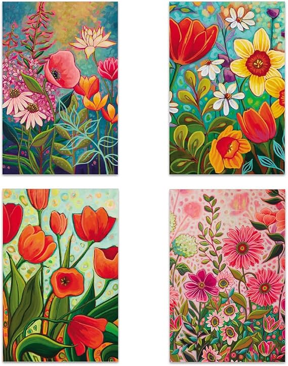 Tree-Free Greetings - All Occasion Cards - Artful Designs - 16 Assorted Cards + White Envelopes - Made in USA - 100% Recycled Paper - 4"x6" - Vibrant Florals (FP54263)