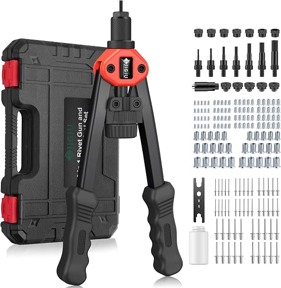 JiGiU 2 in 1 Rivet Nut Tool Rivet Gun, Professional Hand Riveter Dual-function Rivet Nut Gun Rivet Gun Kit Multi-purpose Pop Rivet Gun Rivnut Tool with 7 Mandrels 5 Rivet Nozzles,110 Nuts & 50 Rivets