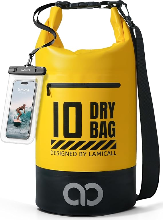 Lamicall Dry Bag, Waterproof Bag - [Robust & Anti-Scratch] 5L/10L/20L/30L/40L Waterproof Backpack with 100% Water Proof Phone Pouch, Floatable Drybag for Boat Swimming Kayaking Camping - Yellow(10L)
