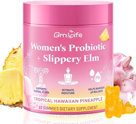 Women's Probiotic Slippery Elm Gummies, Her Juicy Feminine Probiotics Gummies for pH Balance & Immune Supports, Pineapple Flavor, 60 Count