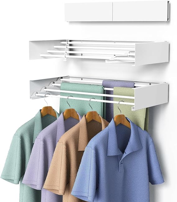 Laundry Drying Rack, Collapsible Wall Mounted Clothes Drying Rack - Drying Rack Clothing Foldable,Space Saving, 32" Wide, 13.2 Linear Ft, 5 Aluminum Rods, 60 lb Capacity (White, 32")