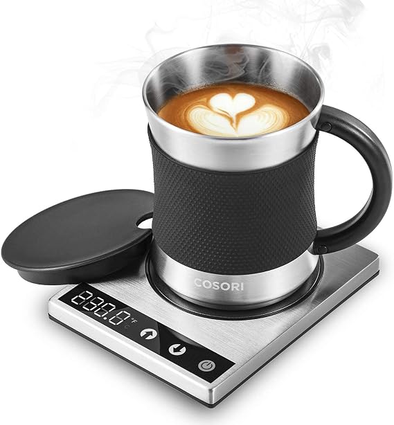 Cosori Coffee Mug Warmer & Mug Set, 1F Precise Temperature Control | Digital Cup Heater, Touch Tech & LCD Digital Display (77-194F), 304 Stainless Steel, for Desk, Office, Silver/Black