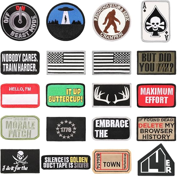Morale Patches | Funny Military Hook & Loop Embroidered Patches for Backpacks, Collar and Vests (20-Pack)