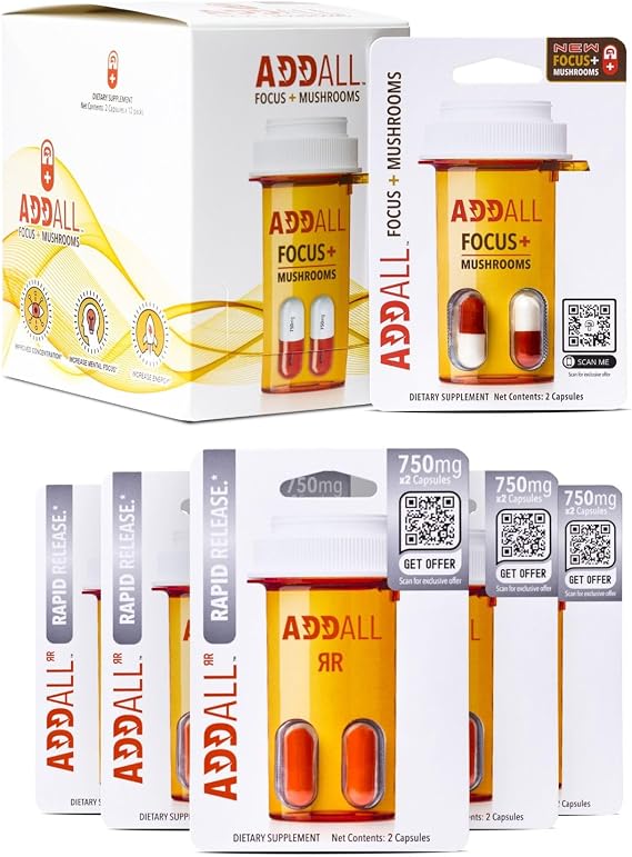 Addall Focus + Mushrooms Memory (12 Pack) and Rapid Release (5 Pack) #1 Effective Alternative Brain Supplement Substitute Pills Nootropic & Energy | No Crash | Science Backed Formula | USA Made