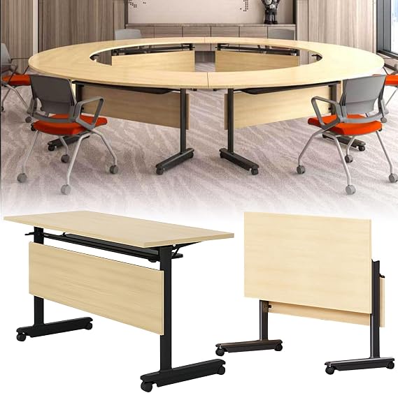 Modern Folding Conference Table, Laminate Flip Top Training Table with Lockable Wheels, Rectangular Seminar Work Desk for Conference Room,Training Room,Media Center,Classroom(55.1 * 23.6 * 29.5inch)