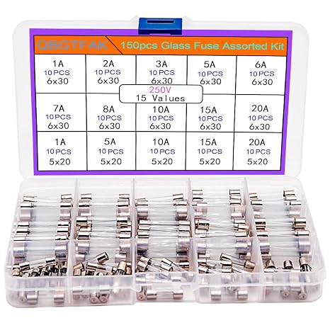 150Pcs Fast Blow Glass Fuse Assortment Kit 15 Values Automotive Fuses Kit 6x30mm 250V 1A, 2A, 3A, 5A, 6A, 7A, 8A, 10A, 15A,20A, 5x20mm 250V 1A, 5A, 10A, 15A, 20A (5x20mm and 6x30mm A)