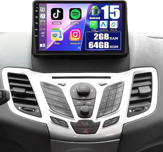 2+64G for Ford Fiesta 2009-2014 Android 15 Car Stereo 9 Inch Touch Screen Wireless CarPlay Android Auto Mirror Link with 26UI Bluetooth FM RDS GPS Navigation WiFi SWC + AHD Backup Camera