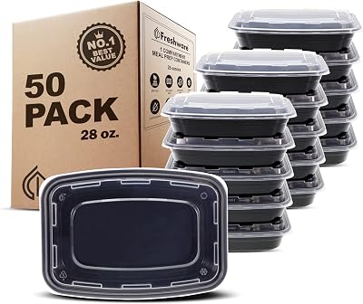 Freshware Meal Prep Containers [50 Pack] 1 Compartment with Lids, Food Storage Containers, Bento Box, BPA Free, Stackable, MicrowaveDishwasherFreezer Safe 28 oz
