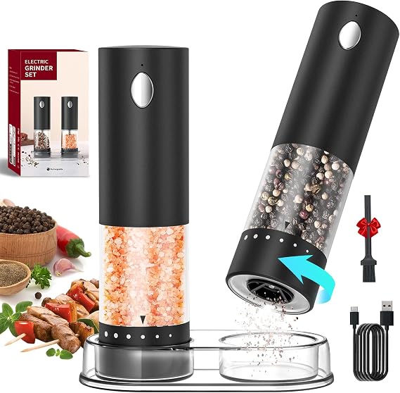 CIRCLE JOY Electric Salt and Pepper Grinder Set Rechargeable Pepper Mill Grinder with Storage Base, Washable Container, Adjustable Coarseness and White LED Light, Black  