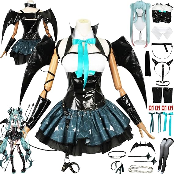 Anime Little Devil Miku Cosplay Costume Outfit H'atsune M'iku Uniform Dresses Full Set Halloween Party Dress Up Suit with Wig/Headdress/Wings/Stickers for Women Girls