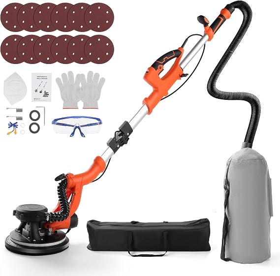 Electric Drywall Sander with Vacuum Dust Collection, 1000W Popcorn Ceiling Removal Tool, 1000-2100RPM 5 Variable Speed, LED Light, Foldable & Extendable Wall Sander with 12 Sanding Discs