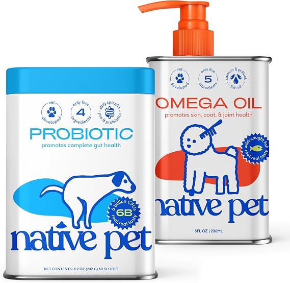 Native Pet Probiotic for Dogs 60 Scoops & Omega Oil for Dogs 8 Oz - Vet Created Probiotic Powder for Digestive Issues