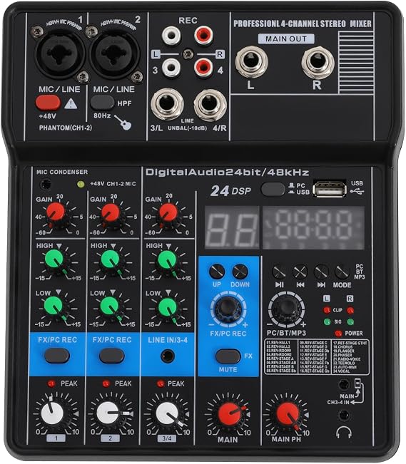 Mini 4-channel Audio DJ Mixer Console Combined with Digital Sound Card Professional DJ Audio Mixer USB Port 4-Channel DJ Controller Sound Mixer Professional Sound Board Mixing Console