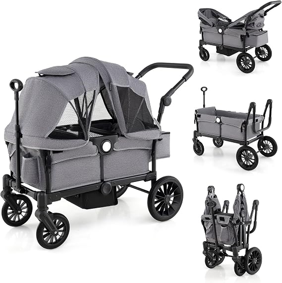 COSTWAY Stroller Wagon for 2 Kids, Push Pull Double Stroller with Adjustable Handle, Removable Canopy, Cup Holder, Food Tray, 3-Point Harness, Folding Camping Cart Trolley (Gray)