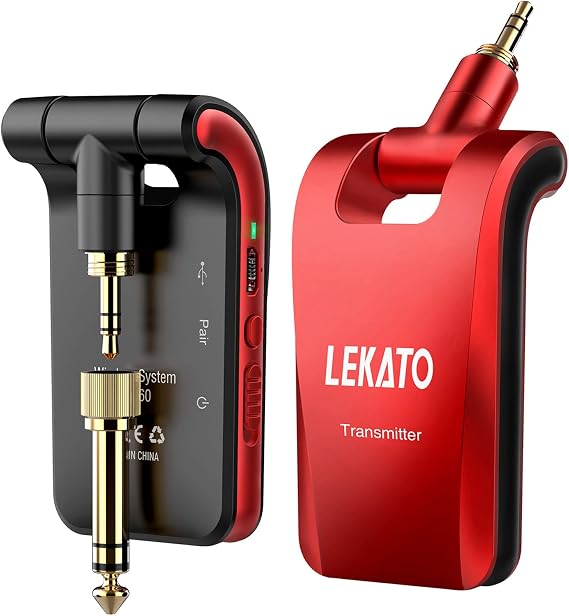LEKATO 2.4GHz Wireless Guitar System - 6 Channels Rechargeable Wireless Transmitter & Receiver for Guitar & Bass, Stereo & Mono 1/4' & 1/8' 2 in 1 Plugs (Black & Red)
