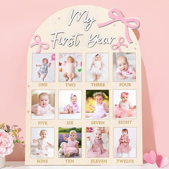 Naozinebi Pink Bow First Year Photo Board Bow Birthday Decor