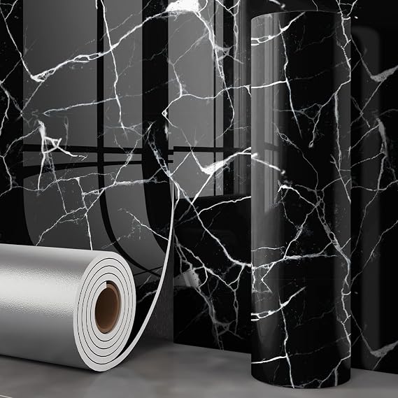 Chejiaye Marble Peel and Stick Wallpaper 2.4mm Thick, Waterproof Self-Adhesive Contact Paper for Kitchen Backsplash, Countertop, Bathroom Vanity, Cabinet(15.7x118 Inch,Black)