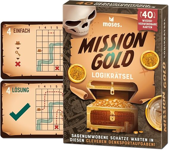 moses. Mission Gold, Logic Puzzle with Addiction Factor for Travel, 40 Reusable Cards with Wiping Pen, Brain Sports Tasks in 3 Difficulty Levels for Teenagers and Adults
