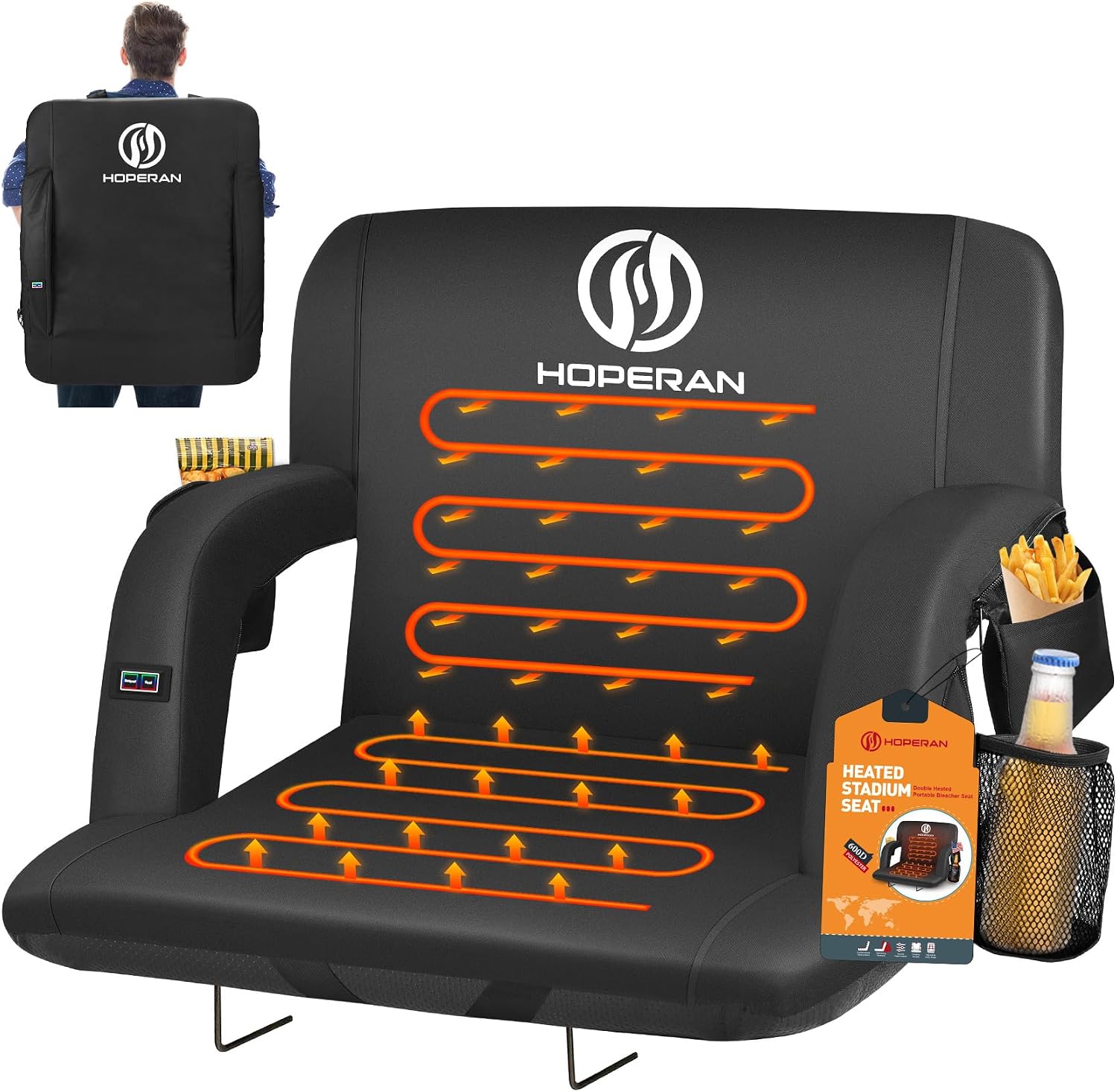 HOPERAN Heated Stadium Seats for Bleachers with Back Support, 3 Levels Heated Bleacher Seat with Backrest, Portable Heated Stadium Chairs with Back and Cushion for Outdoor Games Sports