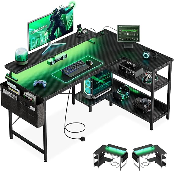 Coleshome L Shaped Gaming Desk with LED Lights & Power Outlet, 100x70 cm