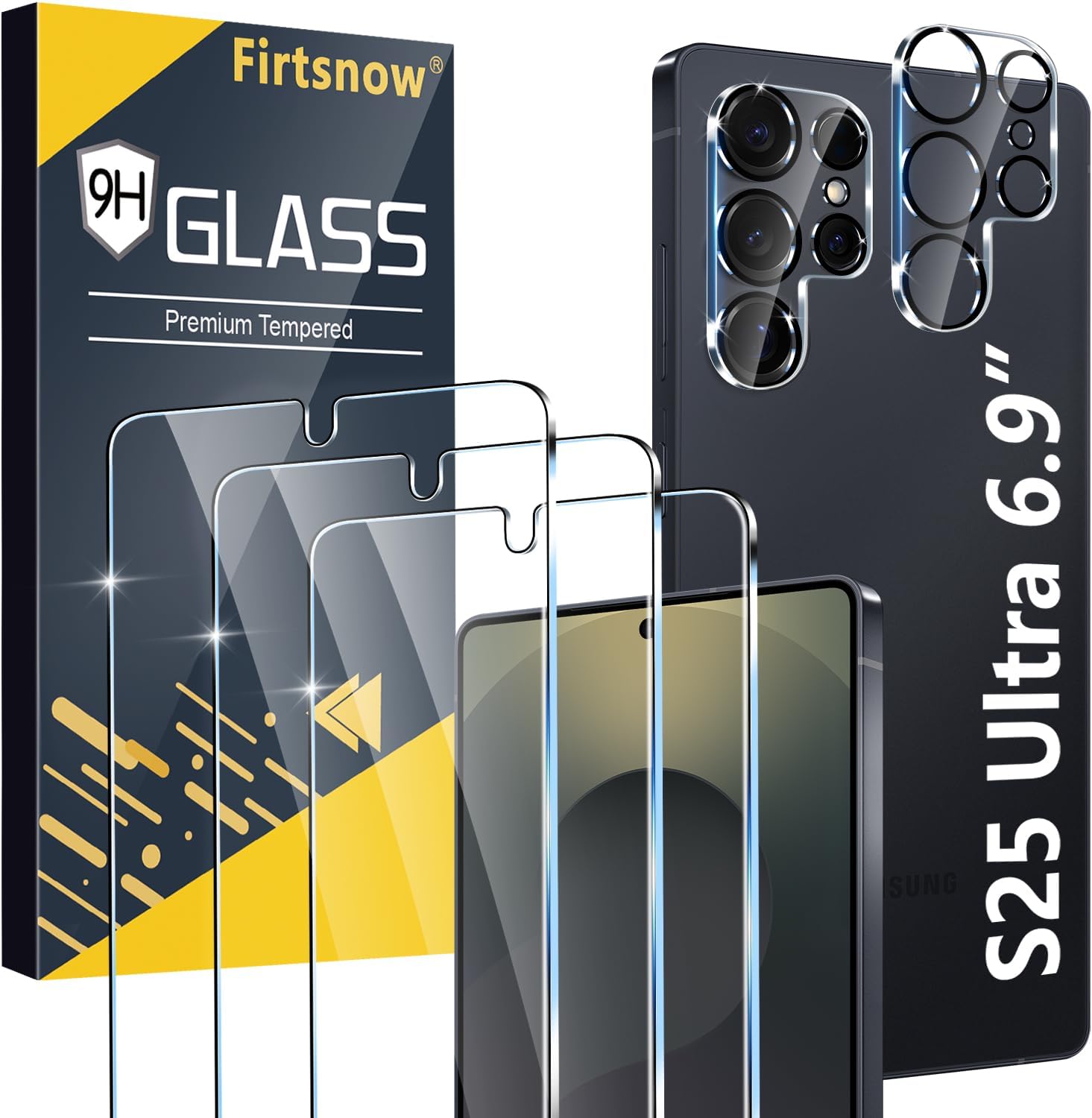 3 Pack Glass Screen Protector for Samsung Galaxy S25 Ultra [6.9 Inch] + 3 Pack Camera Lens Protector 9H Tempered Glass Fingerprint Unlock HD Clear Case Friendly Anti-Scratch