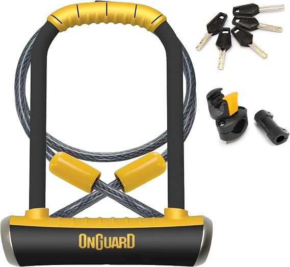 OnGuard Pitbull STD DT U-Lock with 4 ft Cable 14 mm Hardened Steel Shackle (115 230 mm) Quad Lock System for Bike Security Rubber-Coated Finish, 5 Keys with LED & Mount Bracket