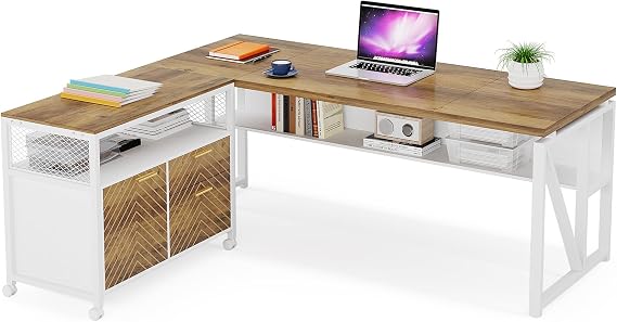 LITTLE TREE 63 L Shaped Executive Computer Desk and Drawer lateral File Cabinet, Walnut
