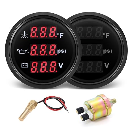 Triple Gauge Set 3 in 1 (Oil Pressure PSI + Watertemp F + Volt) 2-1/16" 52mm Car Meter Auto Gauge Set with Water Temp & Oil Pressure Sensor for Car Truck Boat Vehicle Marine