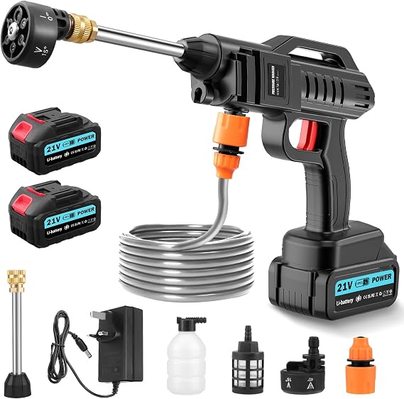100Bar Cordless Pressure Washer, 21V Portable Power Washer High Pressure with 2 x 3000mAh Batteries & Fast Charger, 6-in-1 Nozzle & 5M Hose, Electric Jet Wash for Car, Fence, Patio, Decking