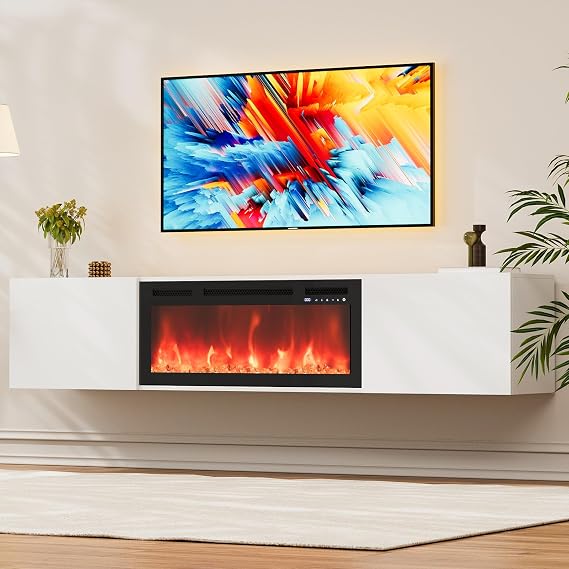 67" Floating Fireplace TV Stand for TVs Up to 80", High Glossy Wall Mounted Fireplace Entertainment Center with Storage, Modern TV Console Cabinet with Remote Control for Living Room - White