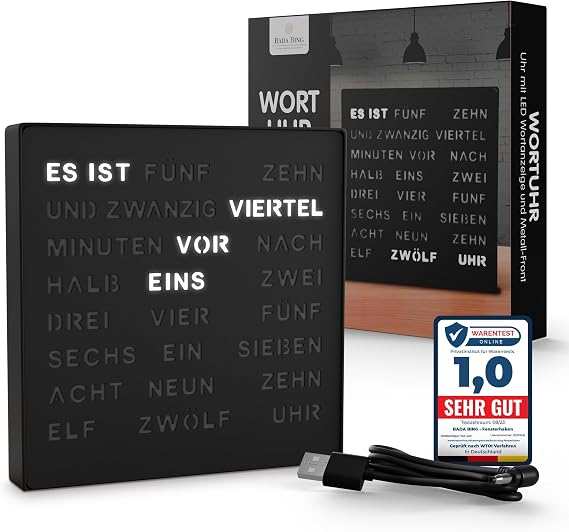 Bada Bing LED Word Clock Black with German Word Display – Elegant Metal Clock with USB Cable Wall Clock Modern – Table Clock High Quality Silent for Standing/Hanging – Decorative Gift Men Birthday