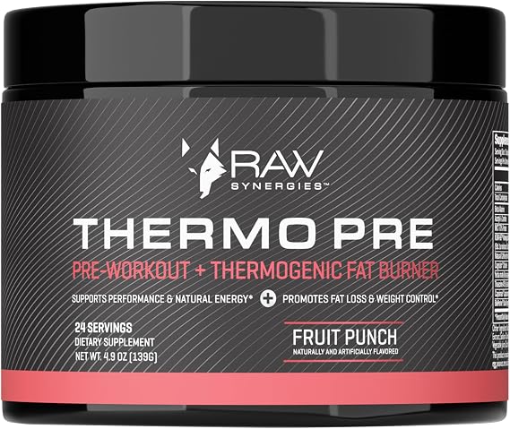 RAW Synergies Pre Workout Thermogenic Fat Burner Powder for Women and Men, Energy & Weight Loss Supplement Focus & Metabolism Booster Drink No Artificial Sweeteners, Fruit Punch, 24SV
