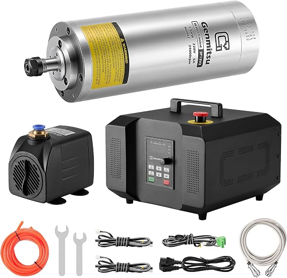 Genmitsu CNC Spindle Motor Kit, 1.5KW, Water Cooled Spindle Motor, 24000 RPM ER11 Collet with Pre-Wired VFD Inverter Box & Pump - 4 Bearing