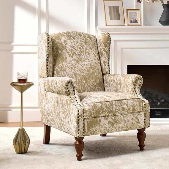 HULALA HOME Wingback Accent Chair with Animal Print Pattern, Traditional Fabric Armchair with Nailhead Trim and Retro Wooden Legs, Cheetah