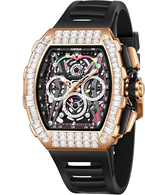 Automatic Mechanical Watches for Men | Waterproof Men's Skeleton Tonneau Square Face Watch with Diamonds Self Winding Wrist Watch Adjustable Silicone Strap