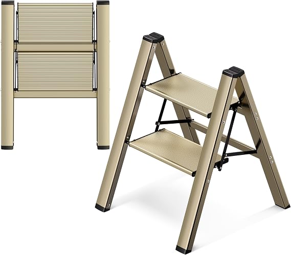 2 Step Ladder, Aluminum Folding Step Stool with Anti-Slip Sturdy and Wide Pedal, Lightweight Portable Stepladder for Home and Kitchen Use Space Saving, 330 lbs, Champagne Gold