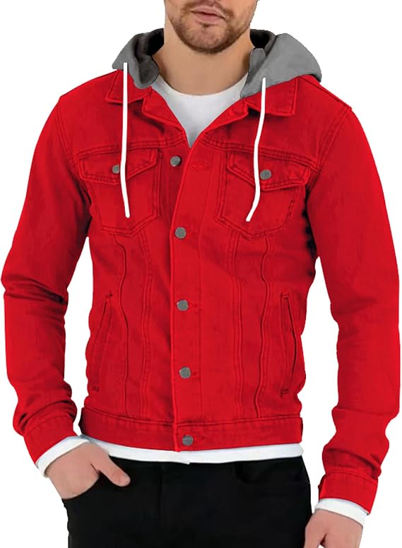 Men's Fashion Button Down Jean Jacket Hooded Long Sleeve Denim Jackets Slim Fit Trucker Jean Coat
