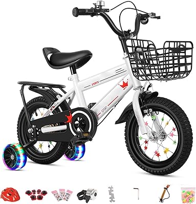 Kids Bike - Foldable Bicycle with Removable Rear Carrier, TrainingStabiliser wheels & Basket, Folding Bike for Boys & Girls 2 to 9 YearsWhite,130cm