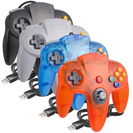 4 Pack PC USB N64 Controller, N64 Wired Gamepad [3D Analog Stick] for Windows PC MAC Linux Raspberry Pi Project 64 Retropie OpenEmu Emulator (Plug & Play) (Gray/Black/Clear Orange/Clear Blue)